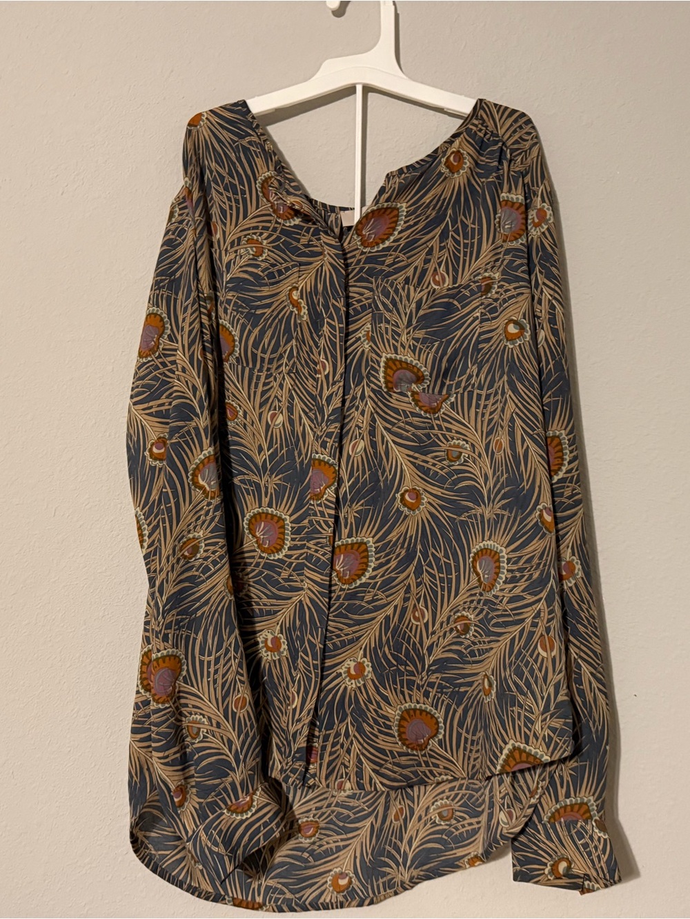 Ann Taylor Navy Blouse with Tan & Rust Feather Floral Print